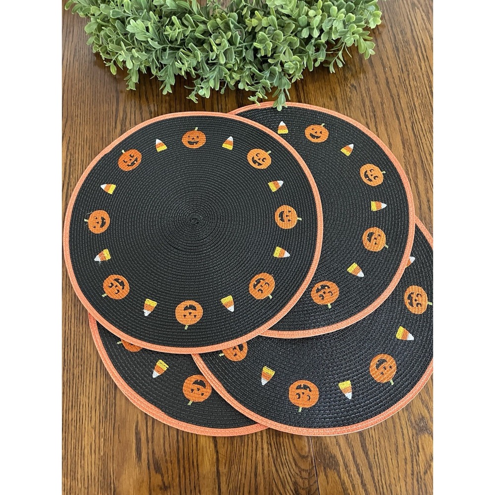 4 Pcs round Halloween Placemats Embroidered Pumpkin Candy Corn Place Mats 15"